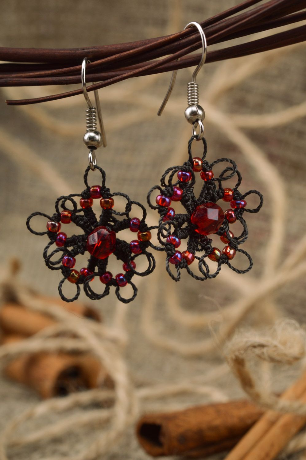 Handmade women's woven tatting earrings with beads photo 1