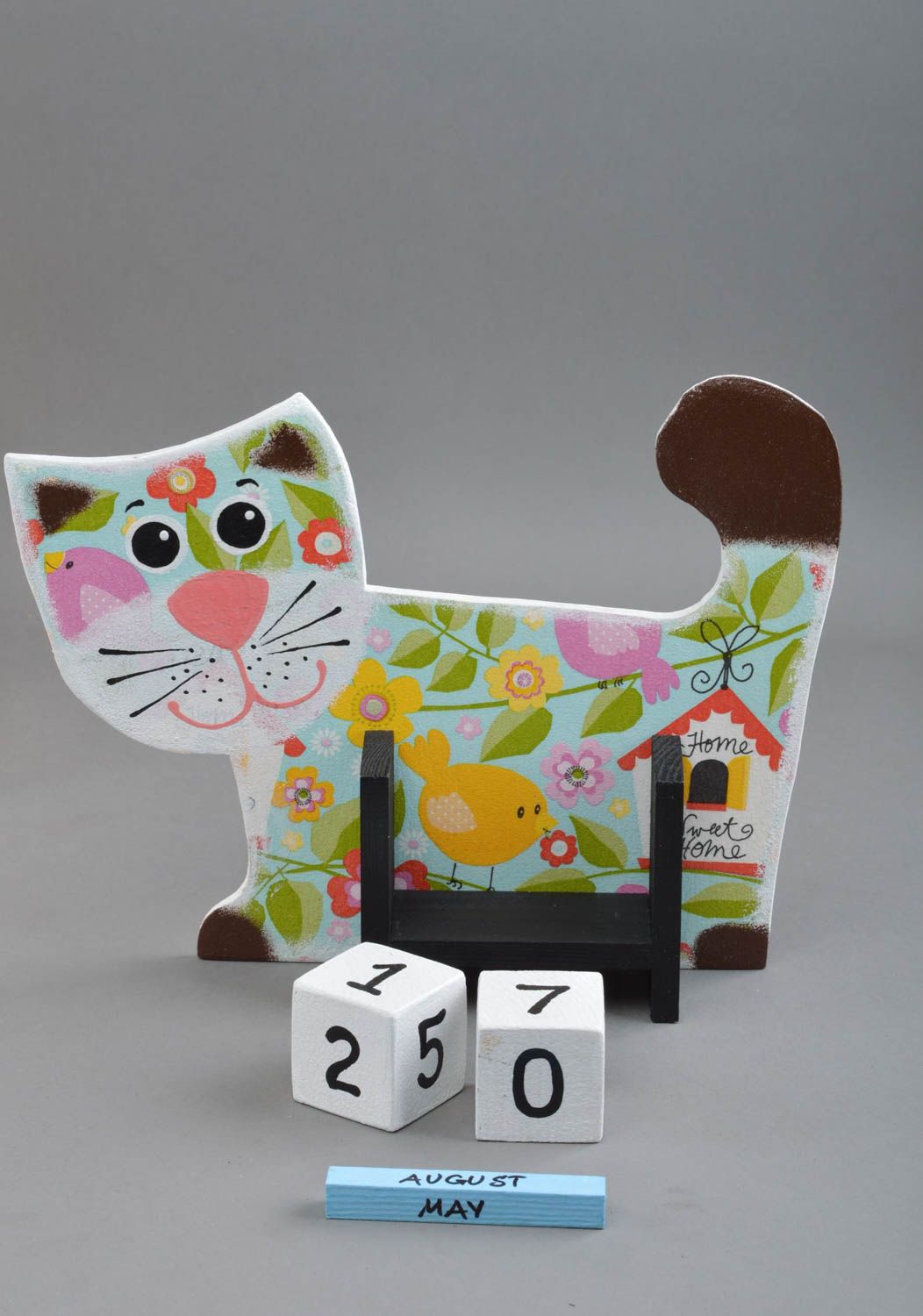 Calendrier perpétuel en bois fait main peint avec cubes pour enfant Chat floral photo 3