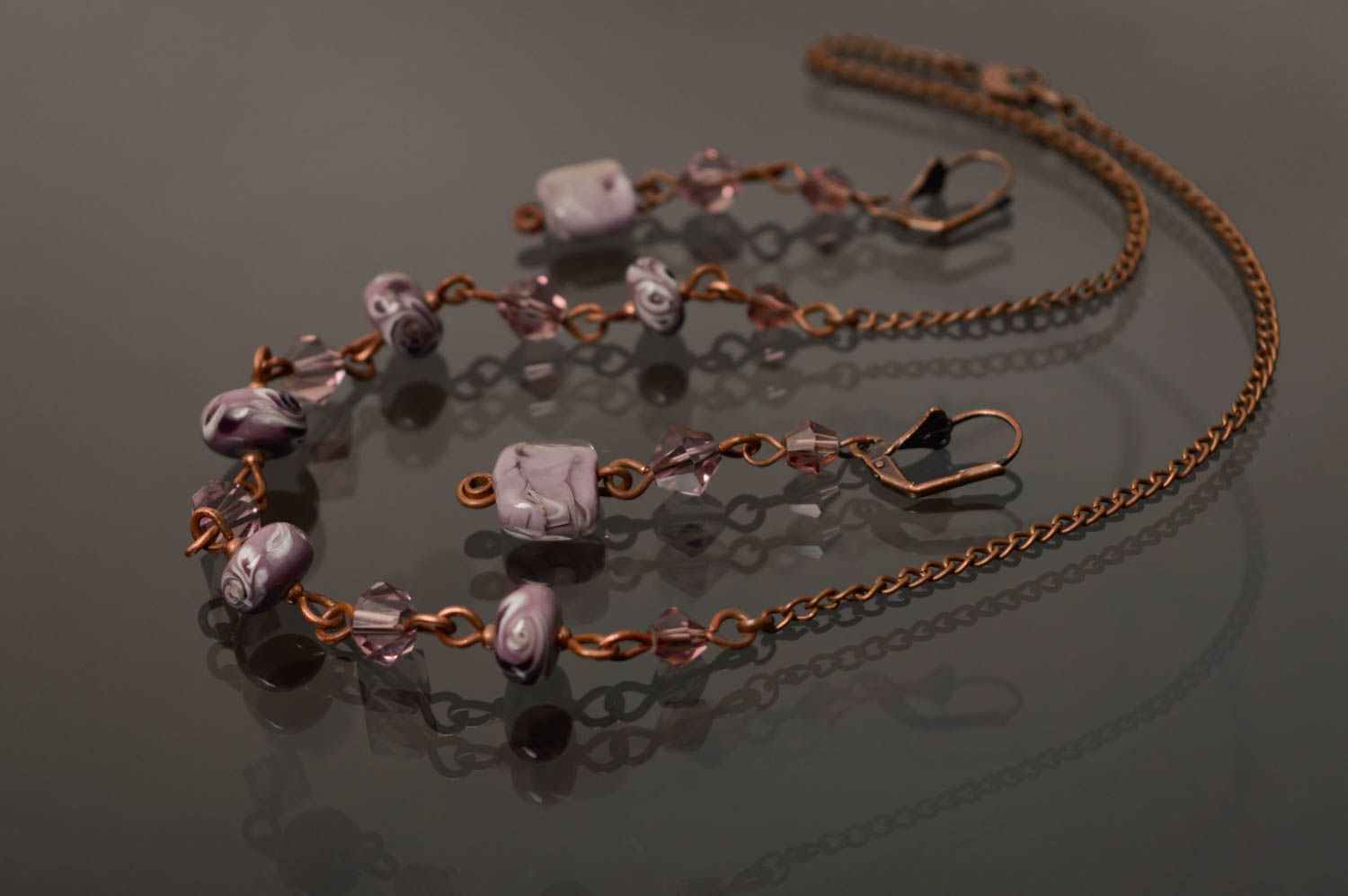 Copper jewelry set made using wire wrap technique Violets photo 1