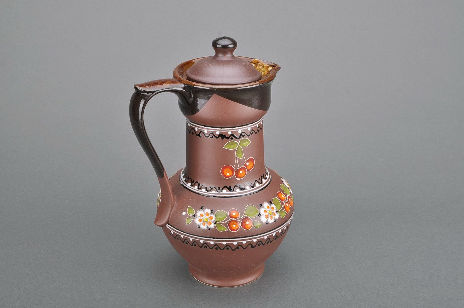 Large hand-painted ceramic 100 oz jug in brown color with handle and lid 3 lb photo 3