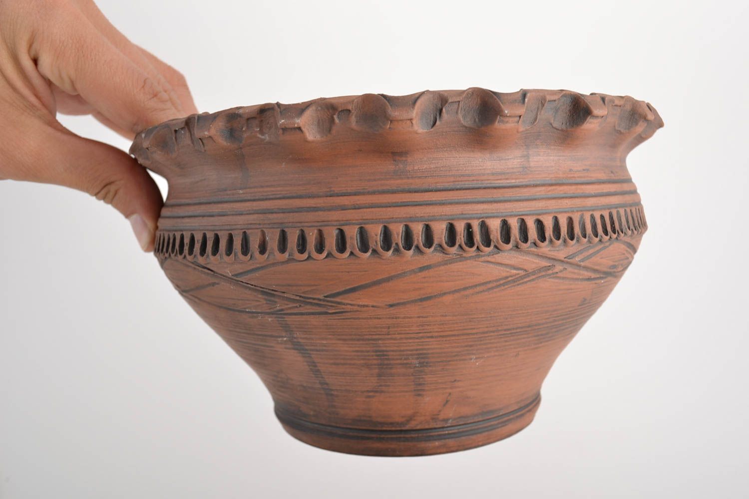 Large handmade designer clay bowl wit pattern 2.5 l photo 2