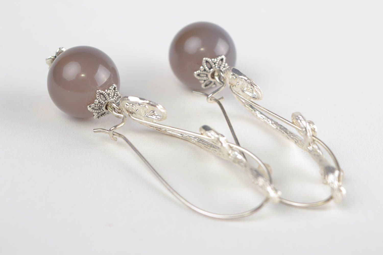 Handmade exquisite dangling earrings with fancy fittings and gray agate beads photo 5