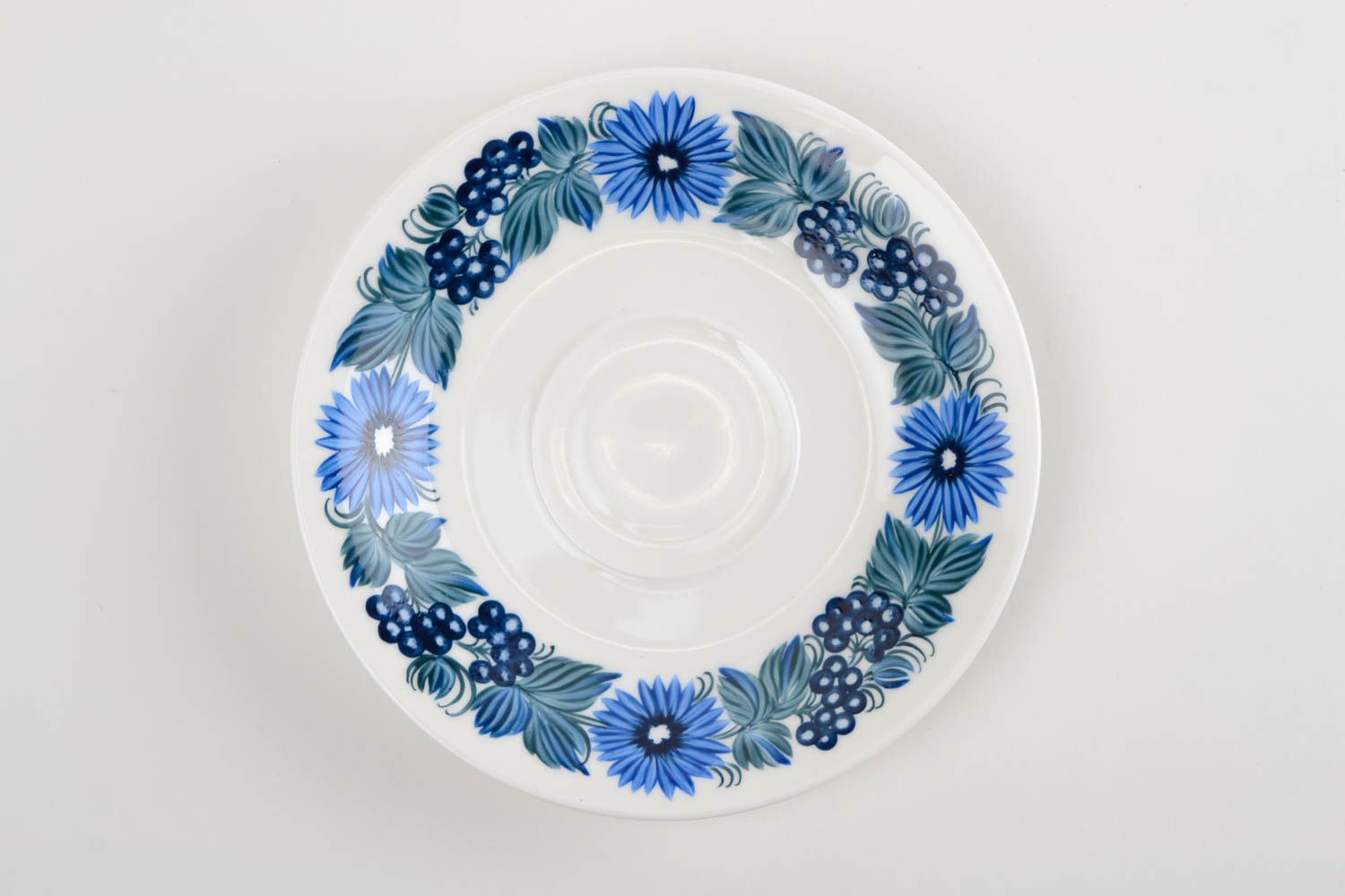Soucoupe ronde Petite assiette fait main peint blanc bleu Service vaisselle photo 3