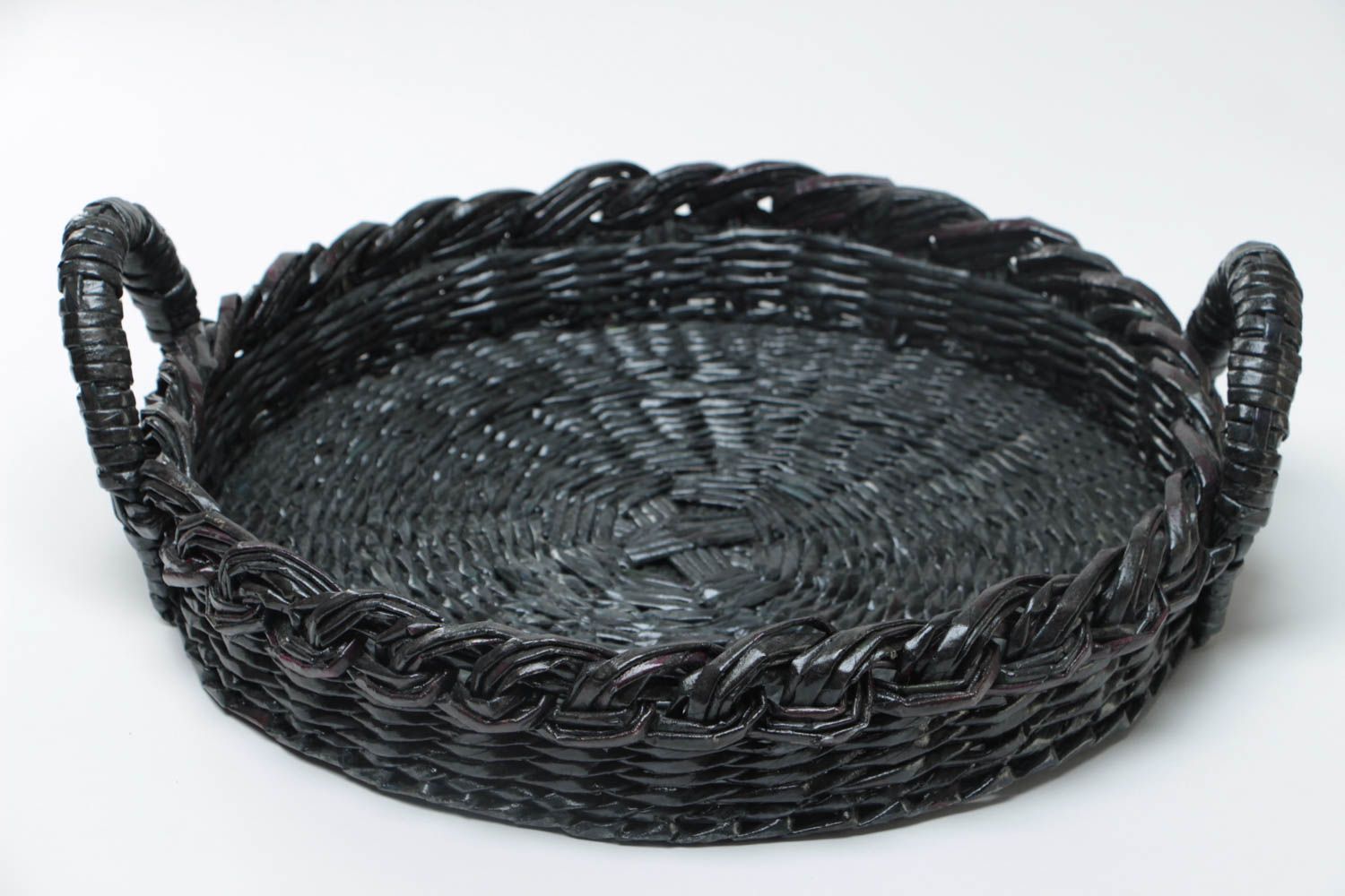 Handmade black round fruit tray with handles woven of newspaper tubes  photo 2