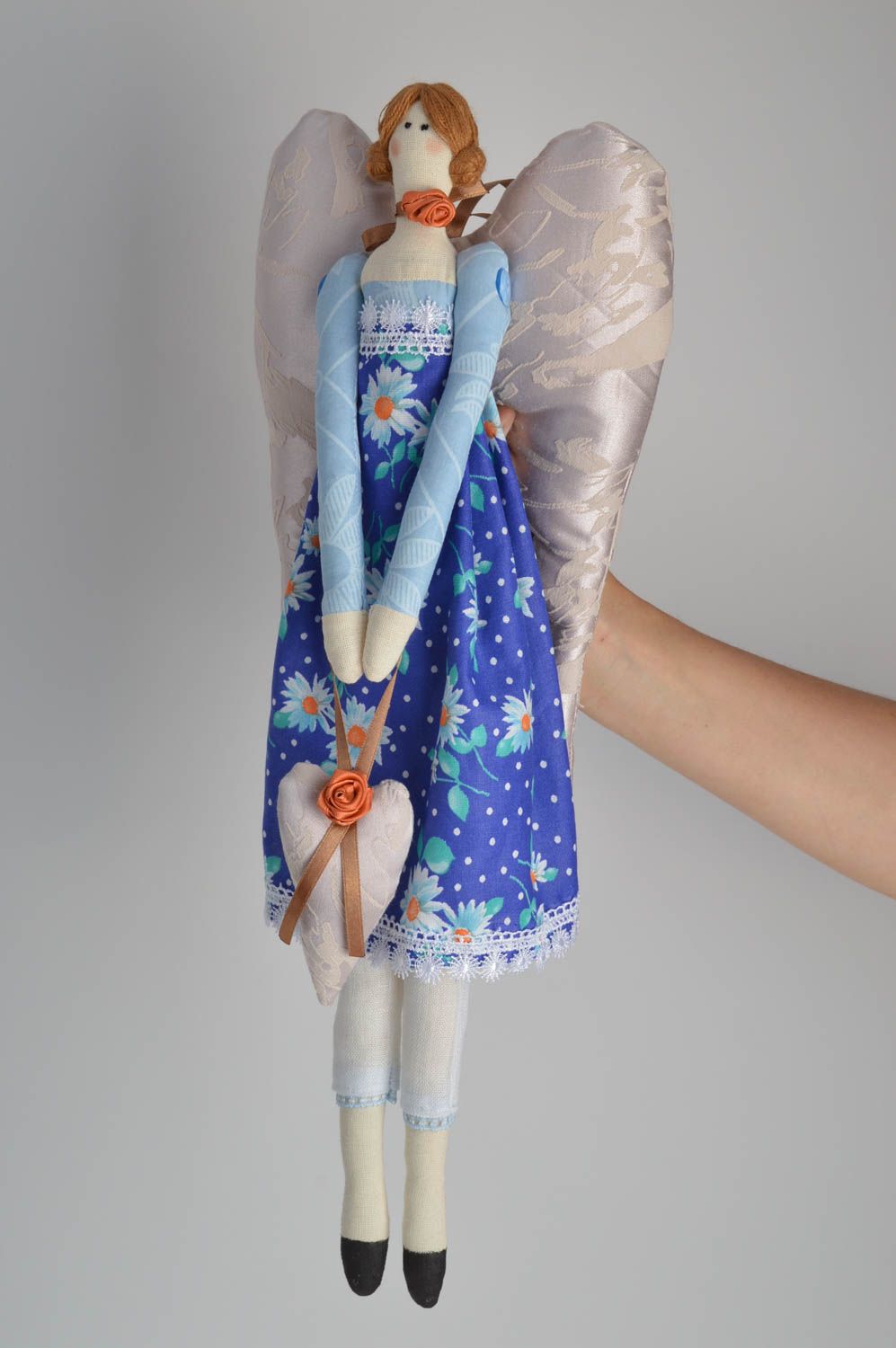 Handmade designer fabric interior soft doll angel in blue dress with eyelet photo 5