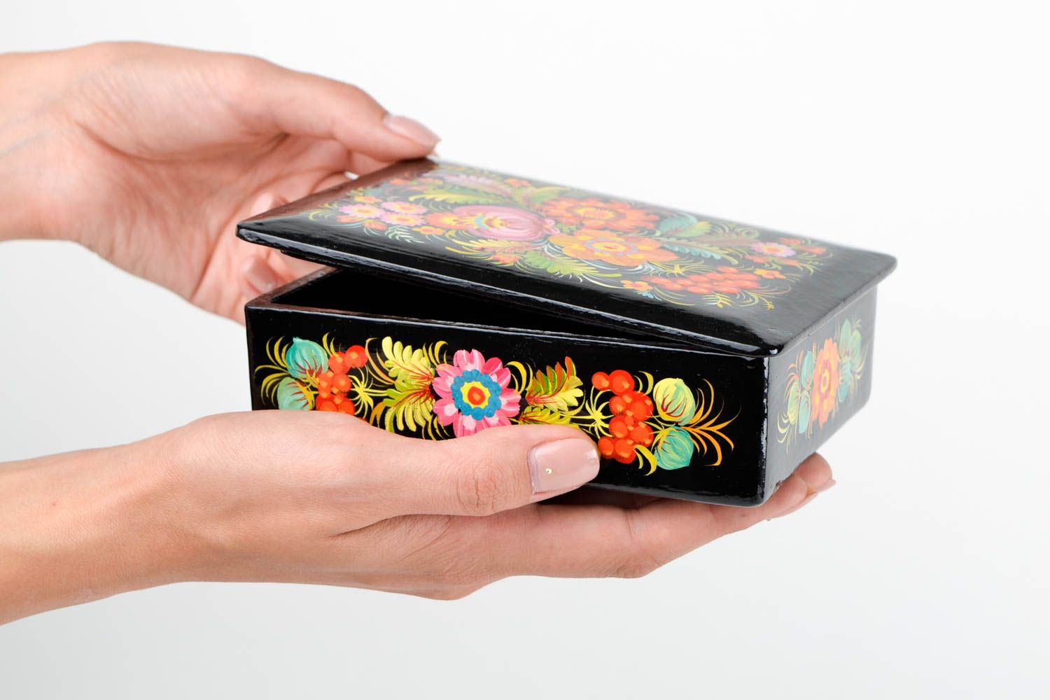 Boîte à bijoux fait main Boîte en bois peinte noire motifs Déco maison photo 2