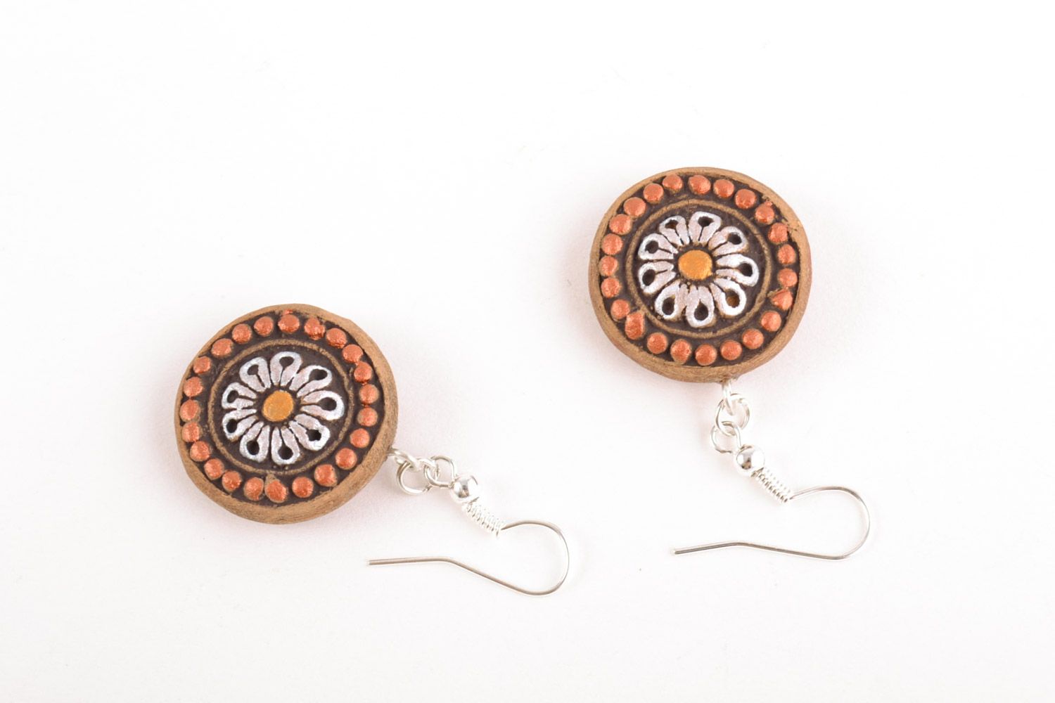 Round-shaped ethnic ceramic earrings ornamented with acrylic paints handmade photo 5