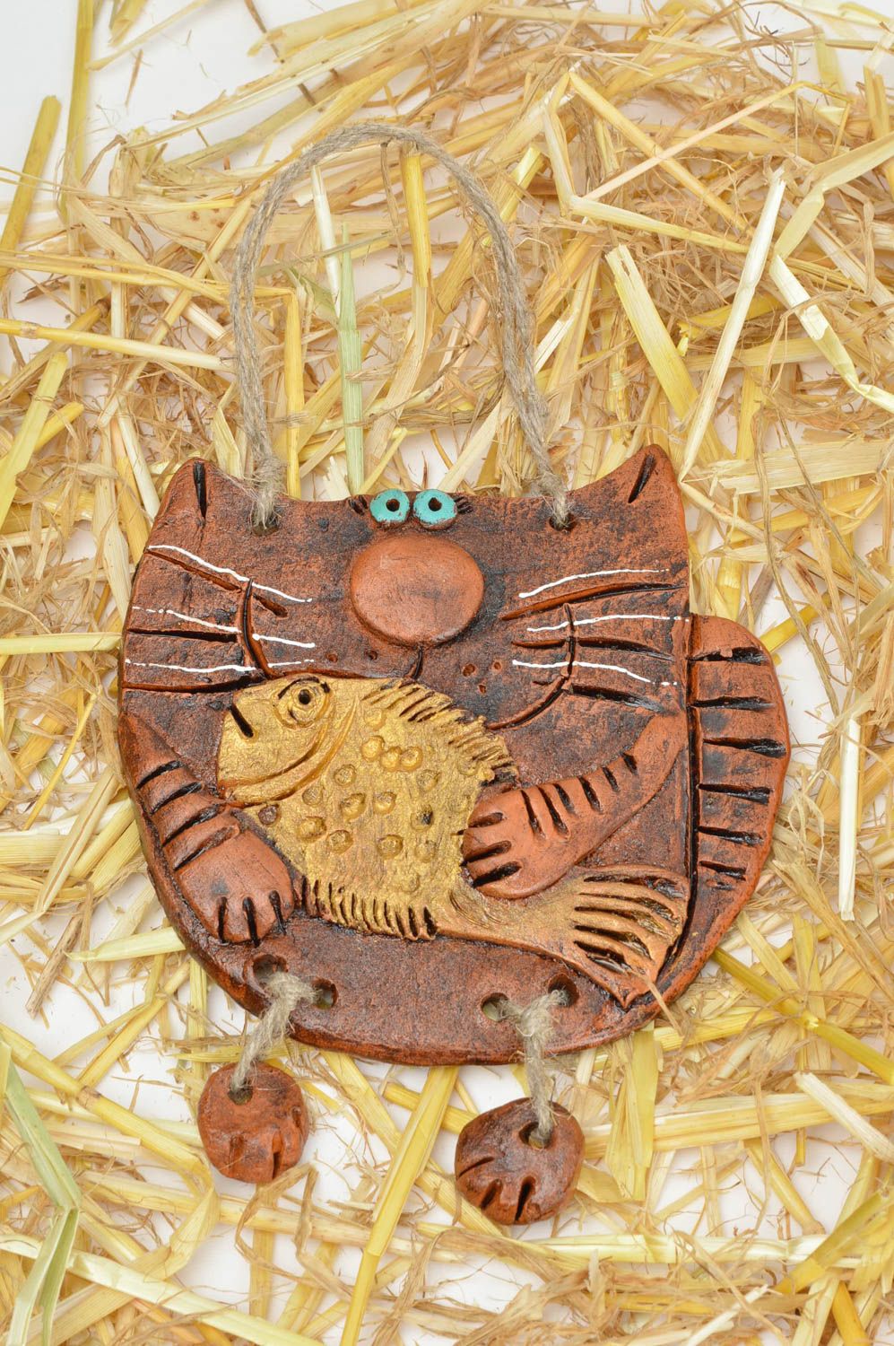 Подарок ручной работы предмет интерьера из глины панно на стену в виде кота фото 2