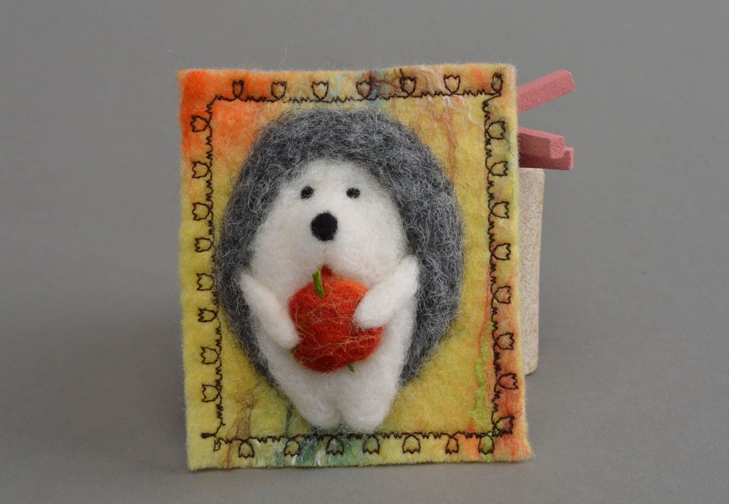 Handmade beautiful textile fridge magnet made of natural wool Hedgehog photo 1