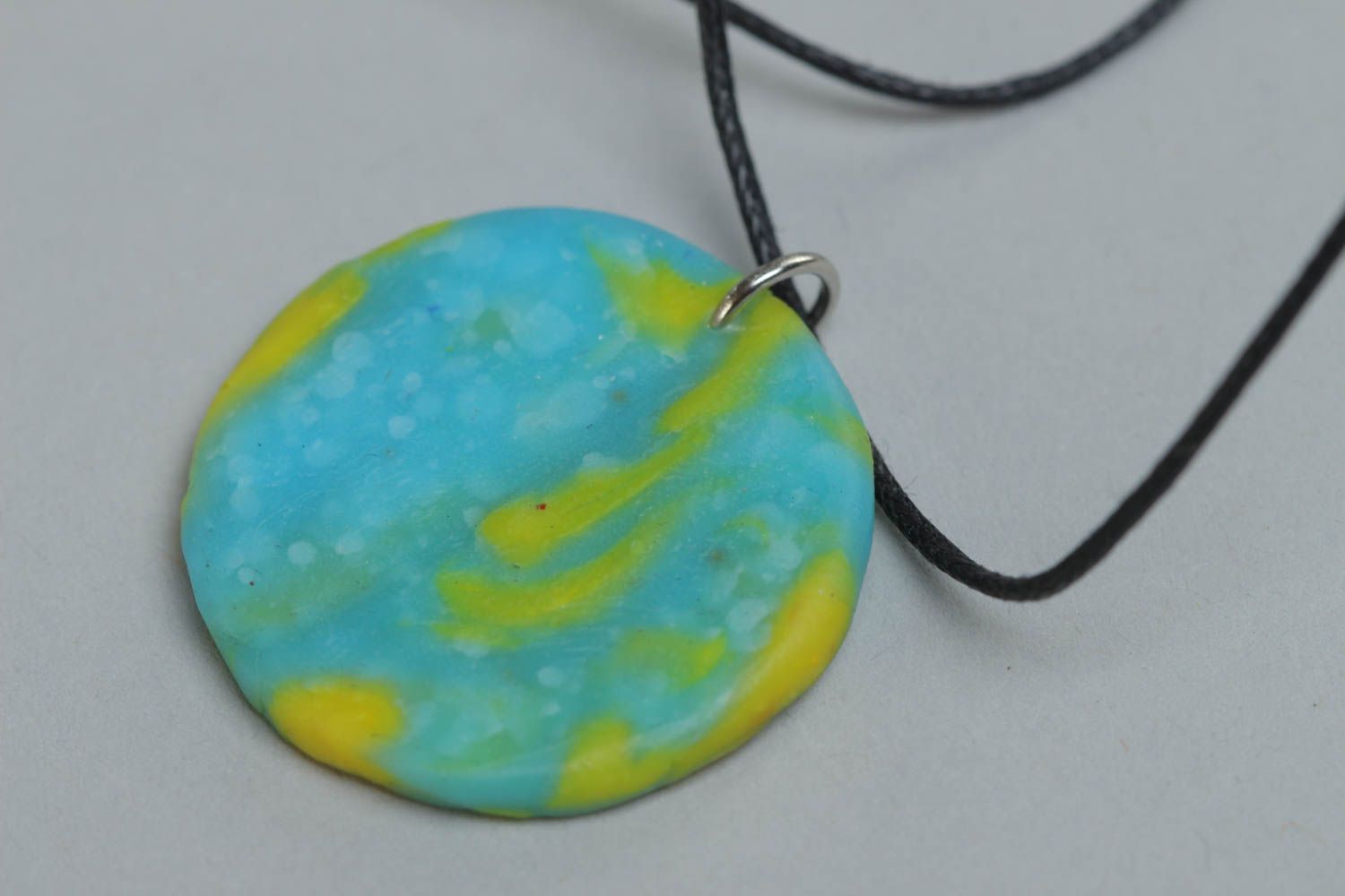 Handmade polymer clay pendant round yellow with blue cord with Cat print photo 4