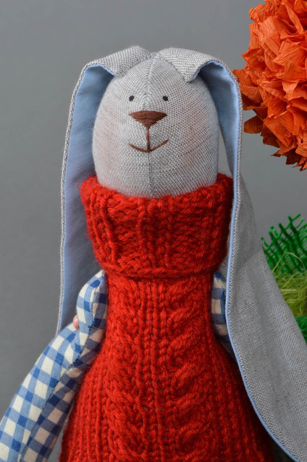 Handmade linen fabric soft toy stylish rabbit in red knit vest and leather shoes photo 3