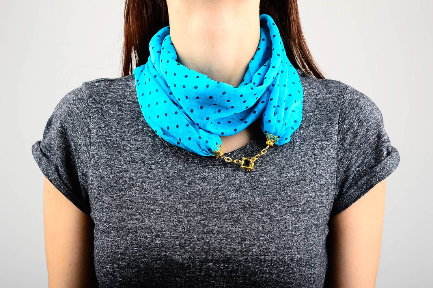 Handmade scarf women scarf light chiffon scarf blue scarf with polka dots photo 2