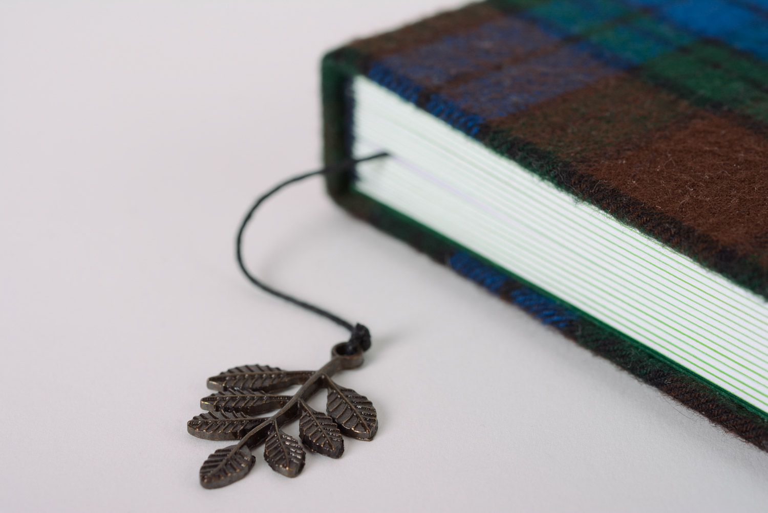 Dark checkered handmade notebook with wool cover and bookmark photo 4
