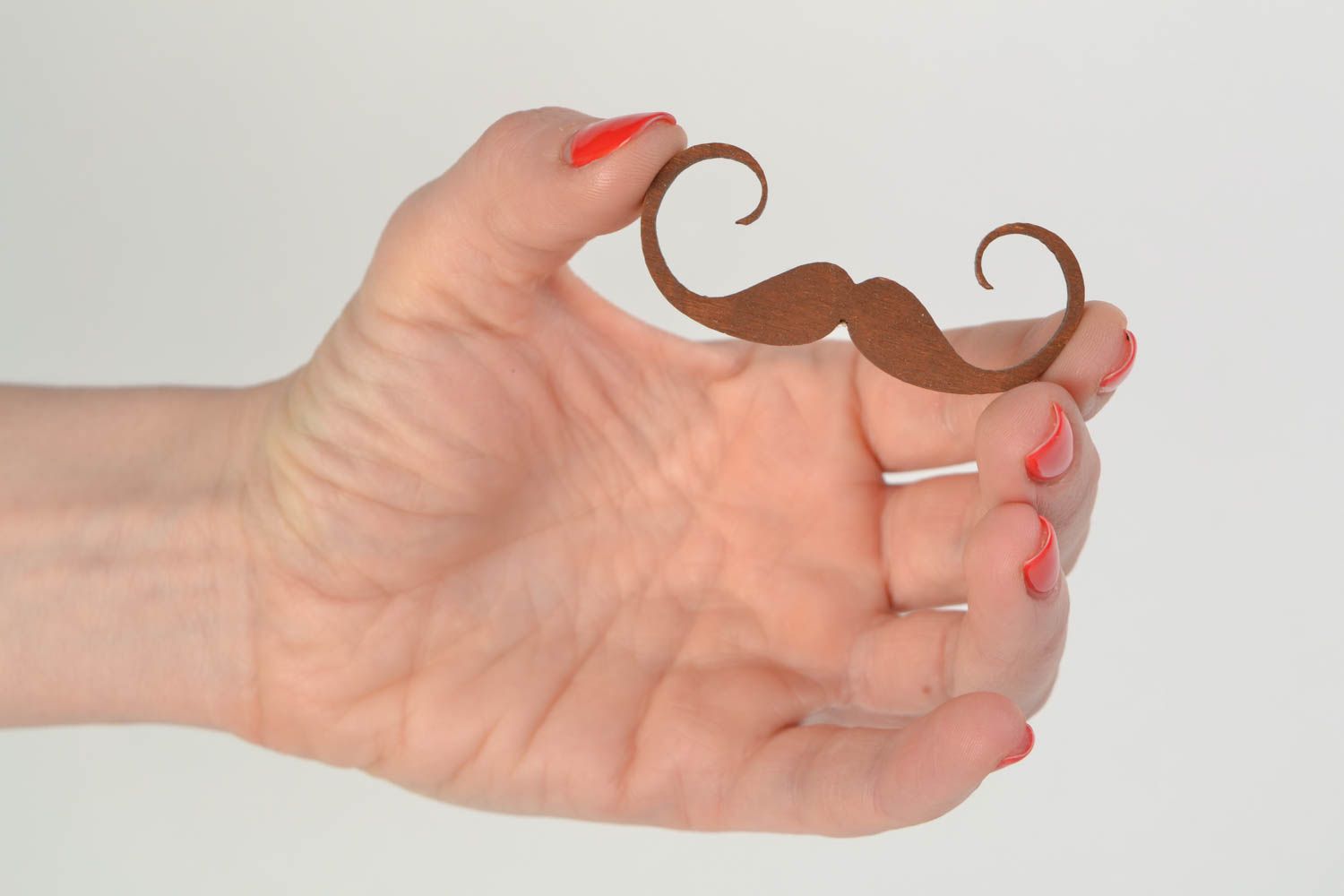 Handmade unusual wooden brooch brown mustache painted with acrylics photo 2