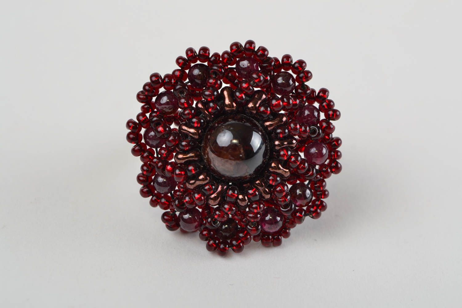 Beaded dark handmade flower ring with adjustable size designer evening accessory photo 3