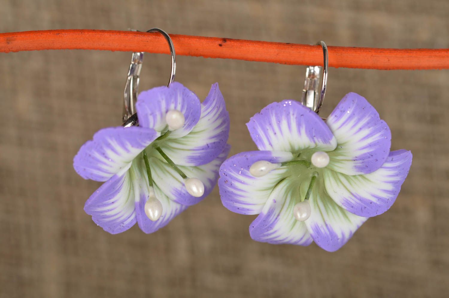 Designer cute handmade lilac earrings made of polymer clay with clasps photo 1