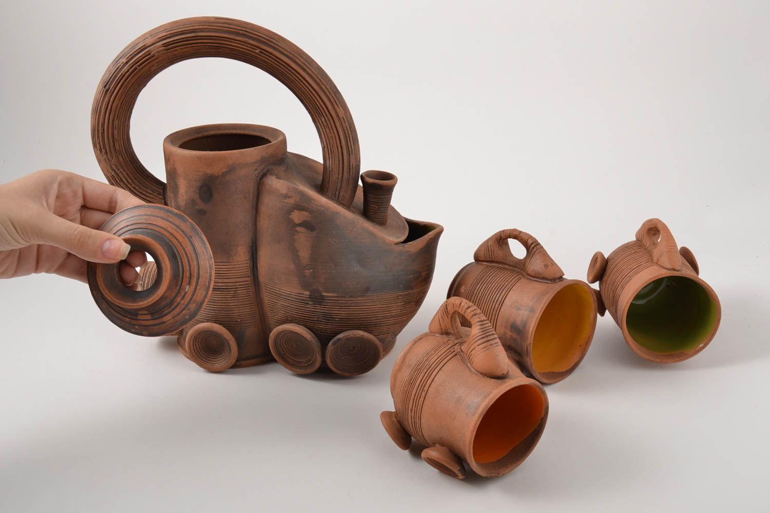 Tetera y tres tazas de cerámica artesanales vajilla original menaje de cocina foto 5