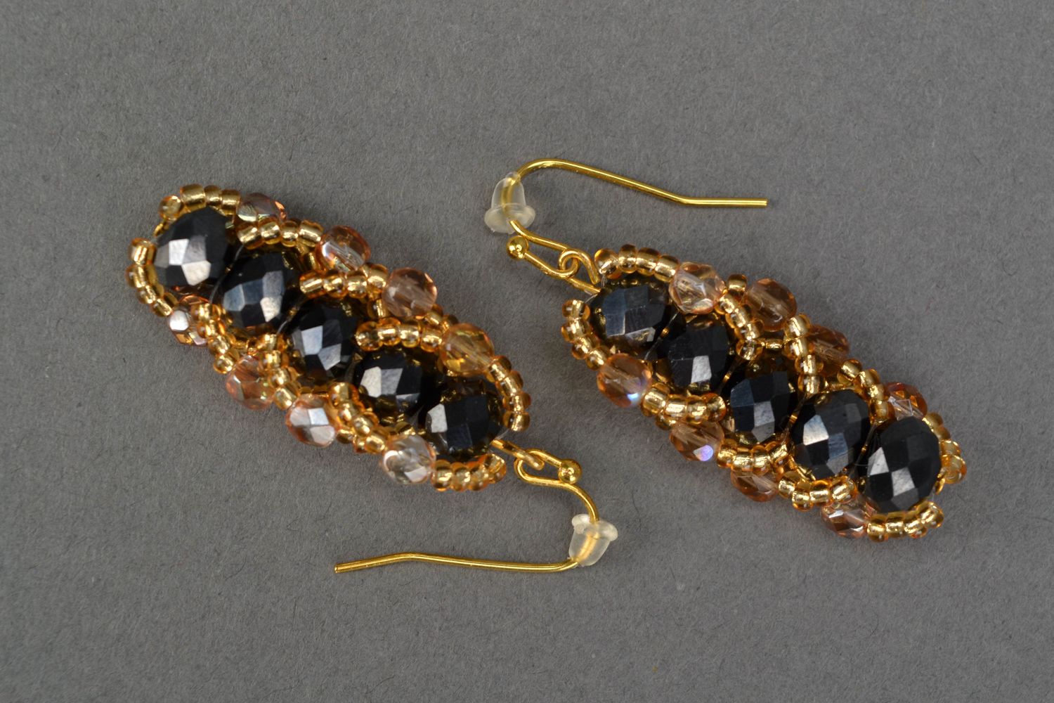 Black and gold long beaded earrings with crystals photo 3