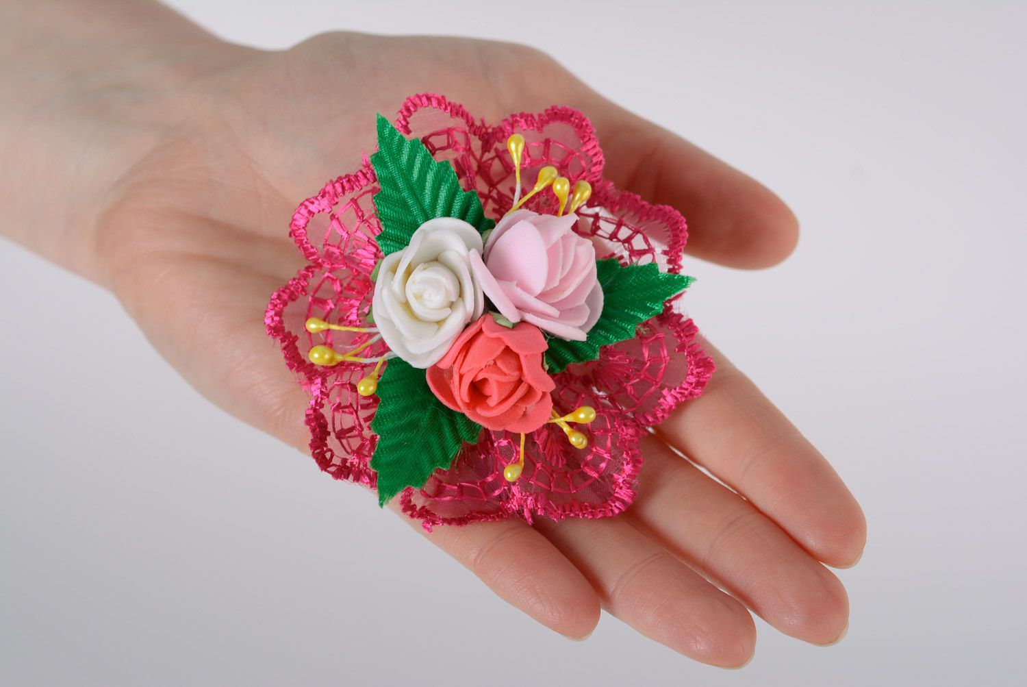 Set of handmade foamiran fabric flower hair ties 2 items hair accessories set photo 5