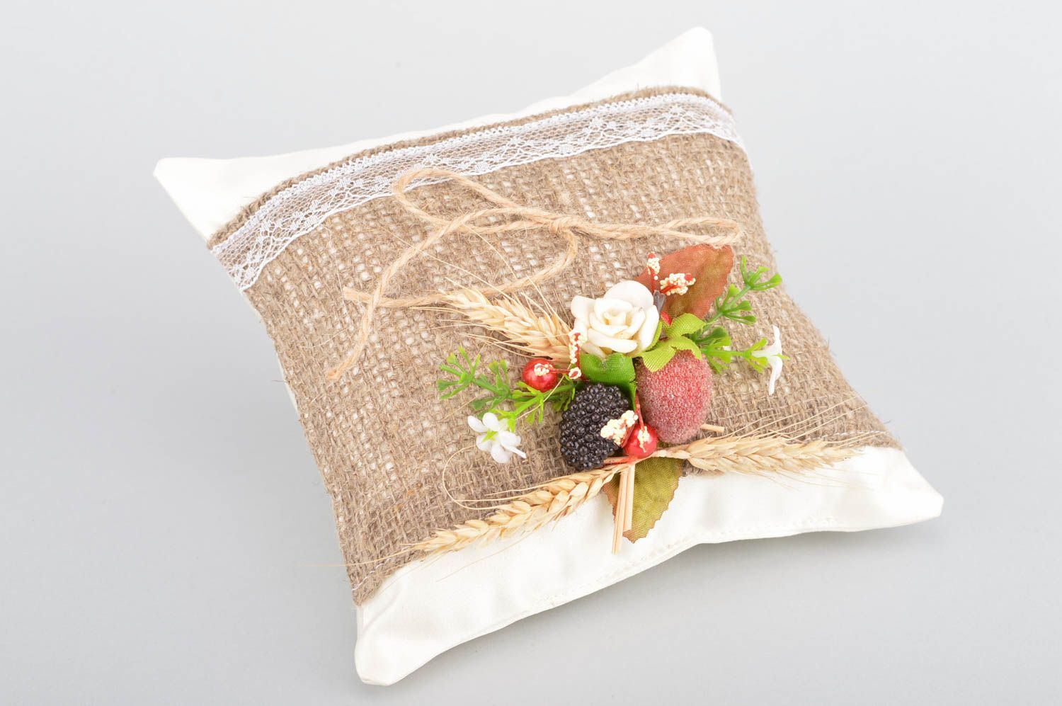 Handmade designer satin fabric ring pillow with flowers in country style photo 2