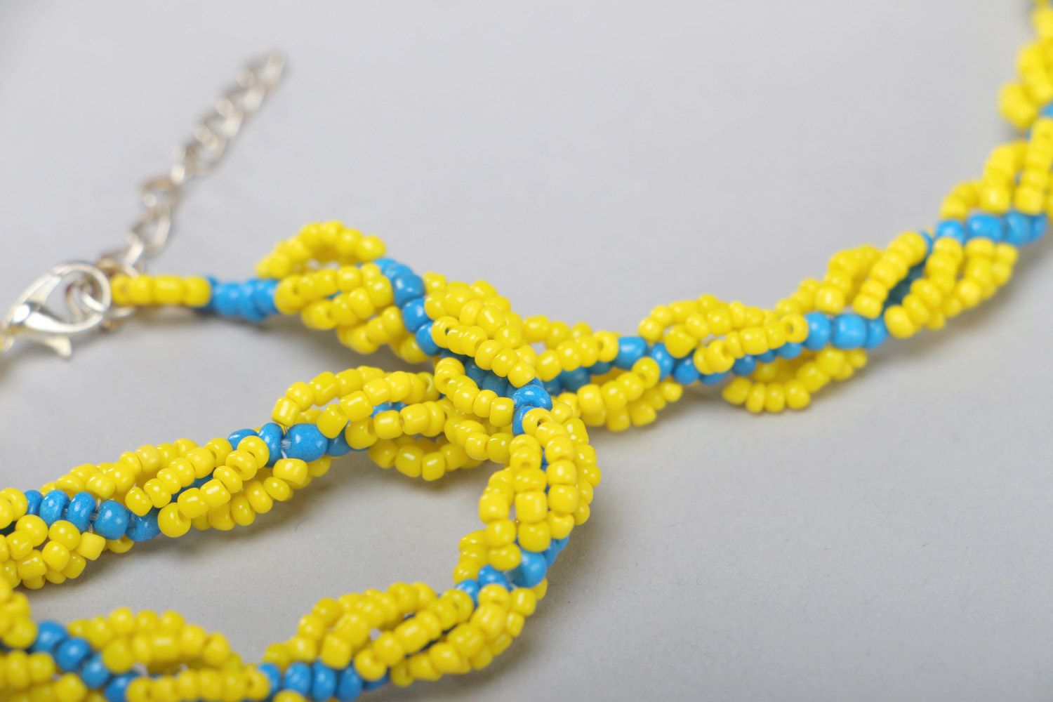 Set of handmade jewelry set necklace and bracelet woven of yellow and blue beads photo 4