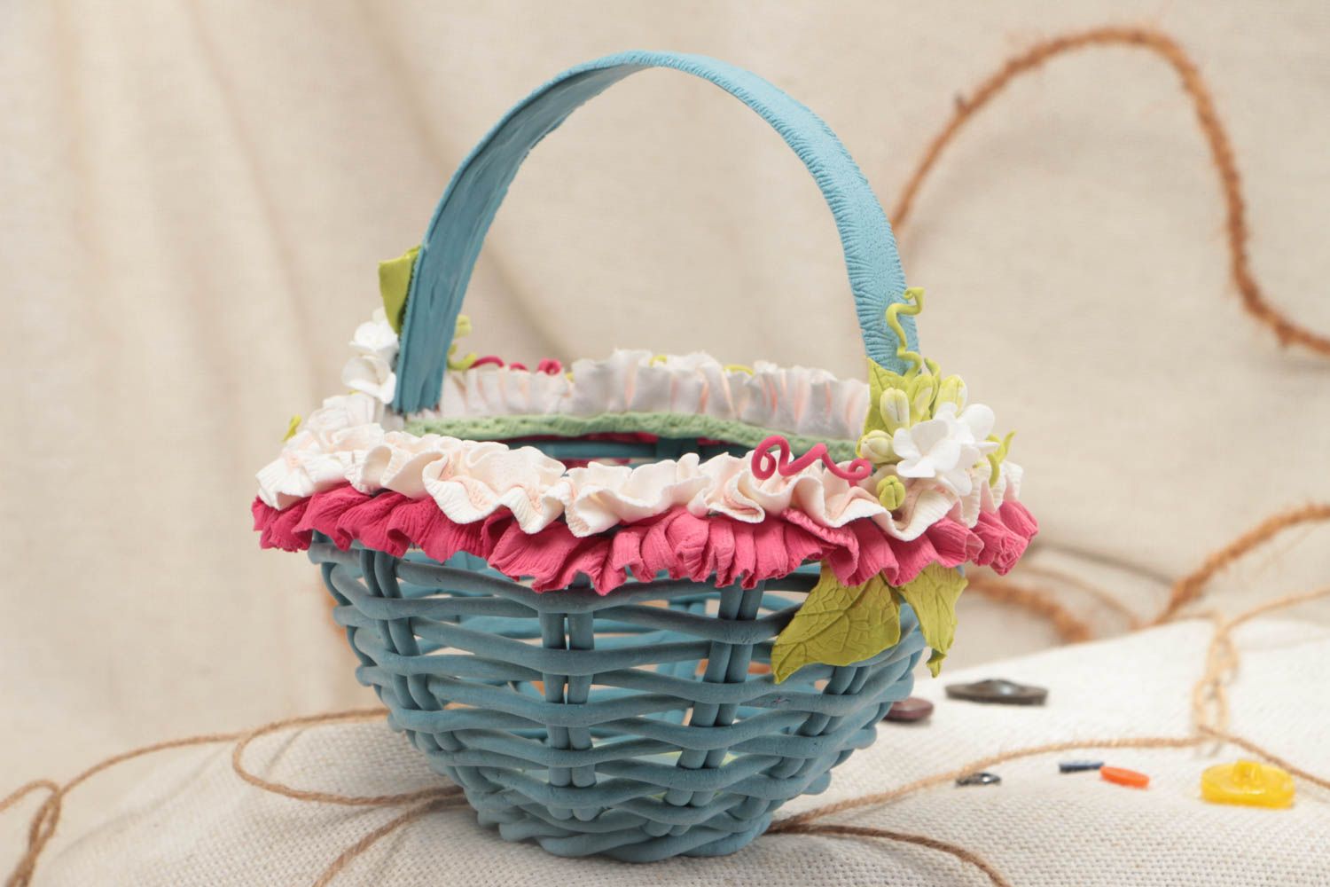Small blue handmade molded polymer clay basket interior statuette photo 1