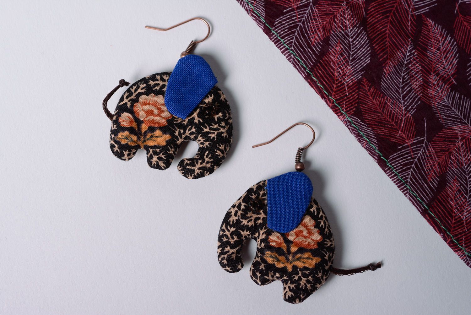 Handmade designer fabric earrings Elephants photo 1