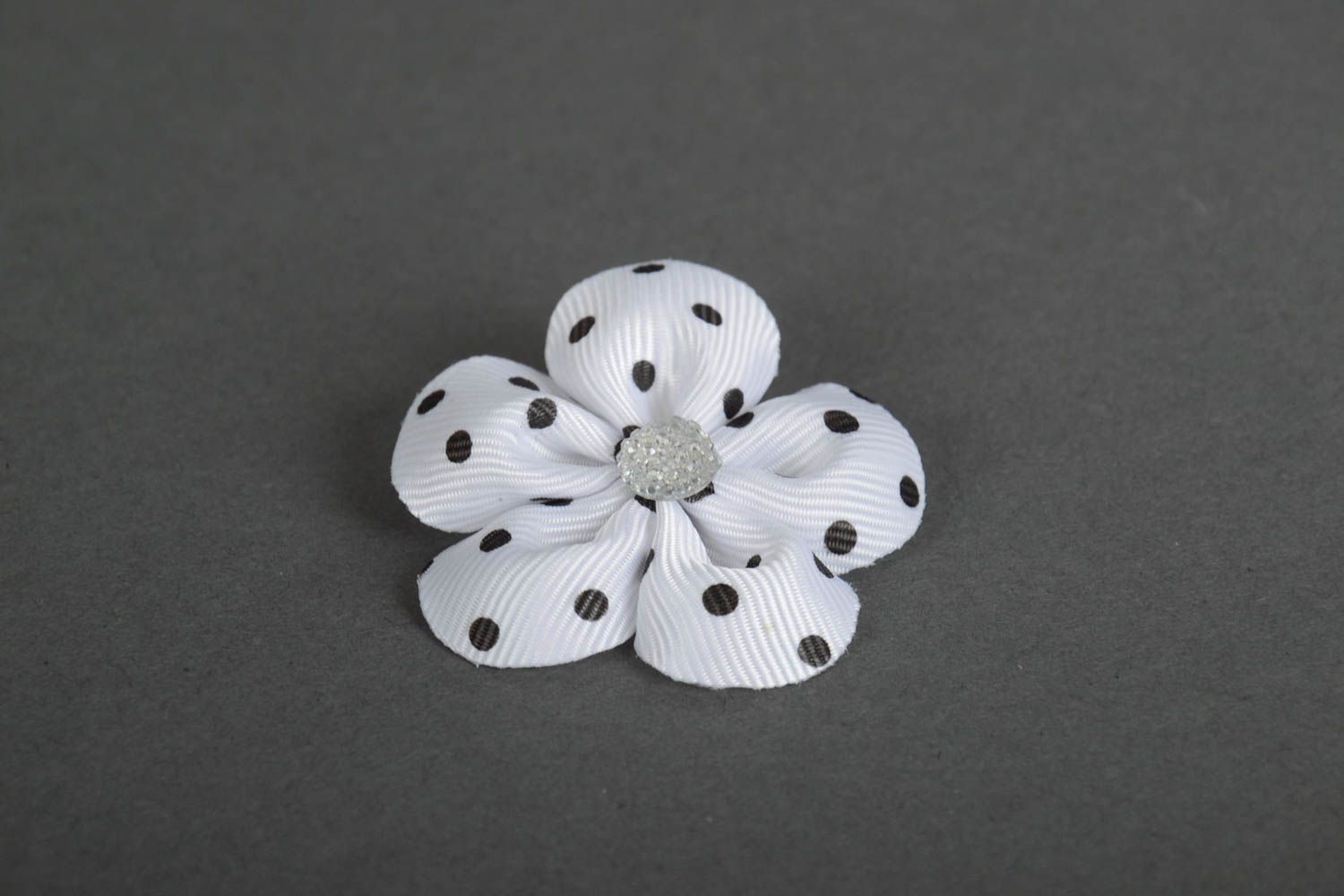 Beautiful satin ribbon flower hair clip of white color with black dots photo 4