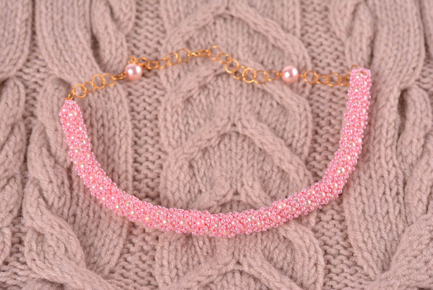 Колье из бисера украшение ручной работы розовое ожерелье из бисера на цепочке фото 2