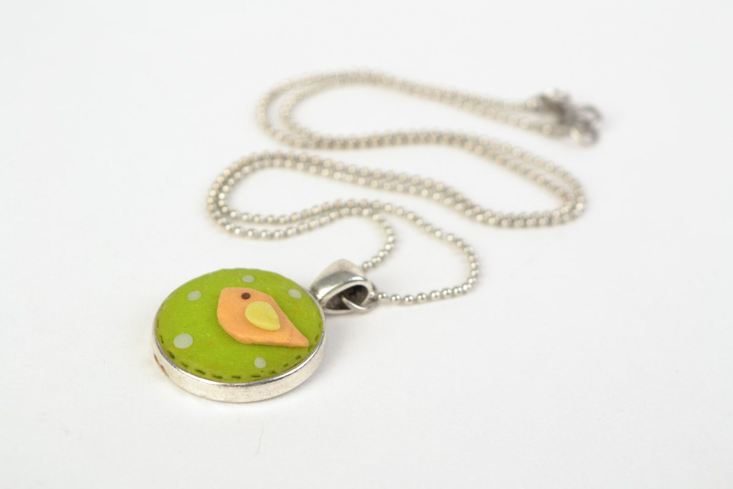 Handmade small round neck pendant molded of polymer clay on long chain Bird photo 5