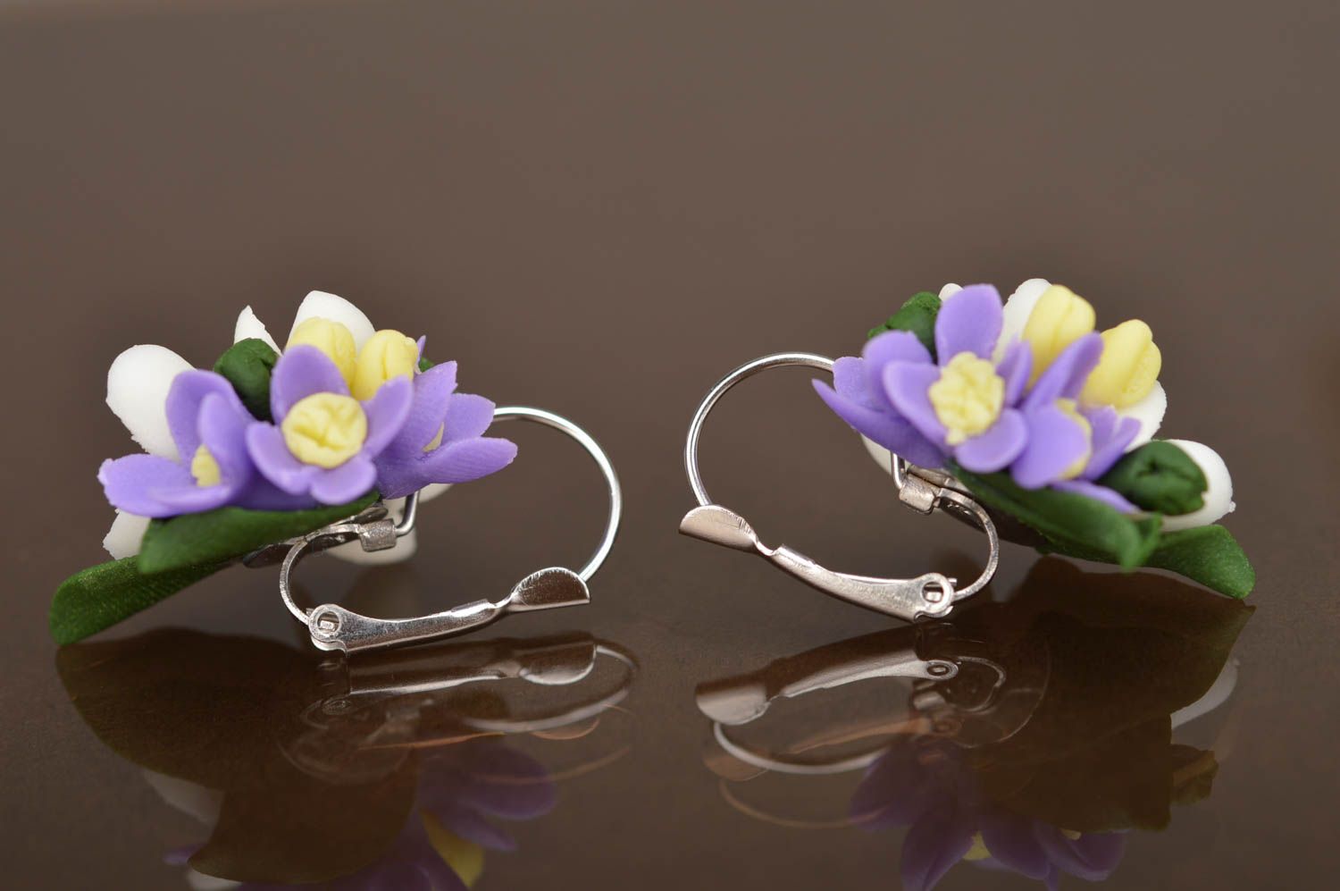 Handmade unusual designer beautiful cute flower earrings made of polymer clay photo 5