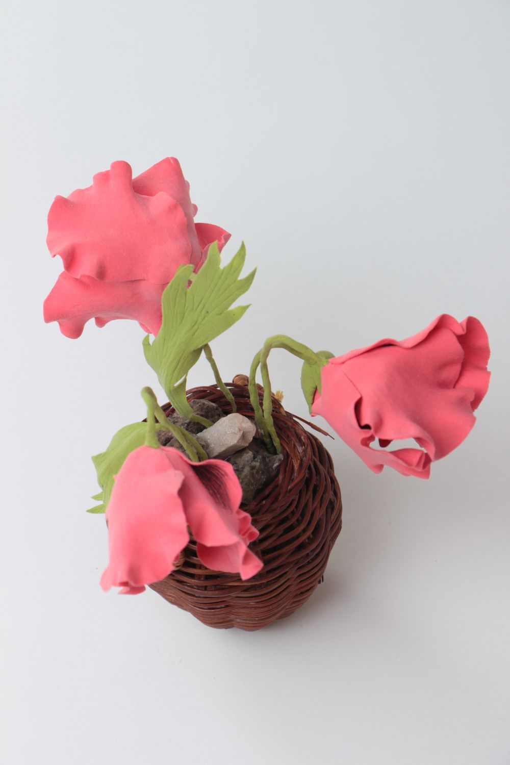 Цветы из полимерной глины в вазочке ручной работы для декора дома Маки фото 3