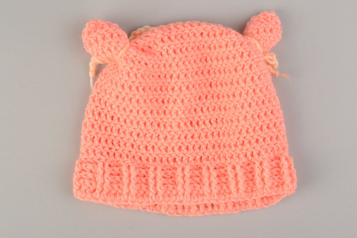 Handmade cute baby hat crocheted of pink acrylic threads with ears  photo 5