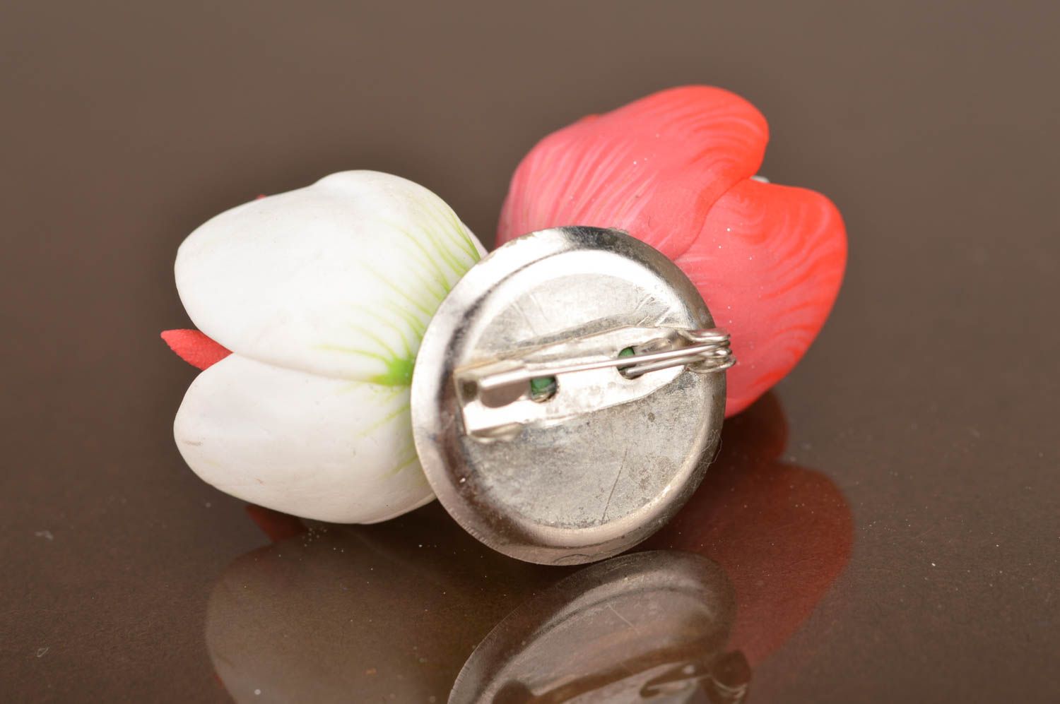 Handmade volume brooch made of polymer clay with flowers on pin Lilies photo 3