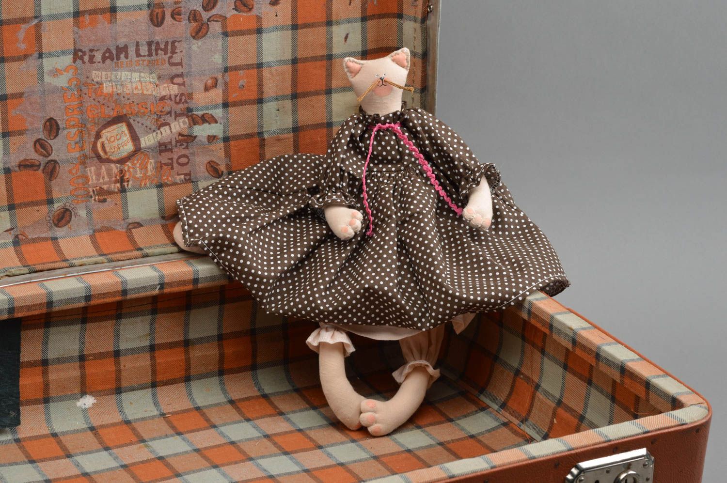 Handmade fabric soft toy cat in dress designer stuffed toy nursery decor photo 1