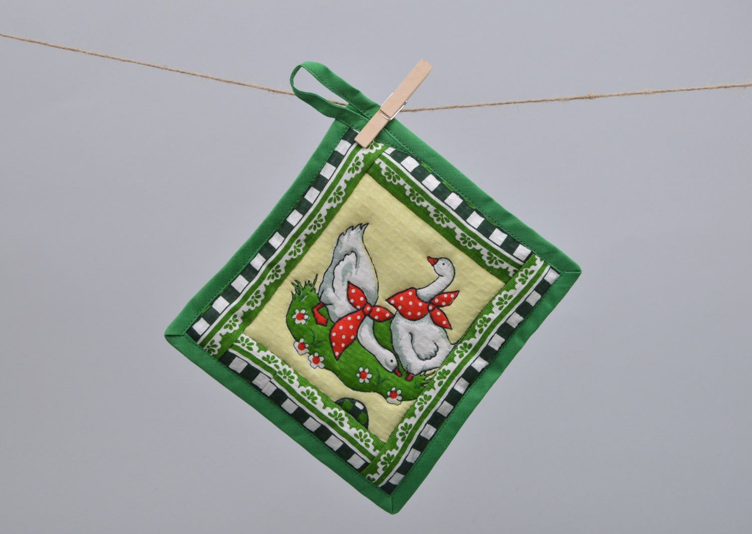 Handmade square pot holder sewn of cotton with geese image in green color palette photo 5