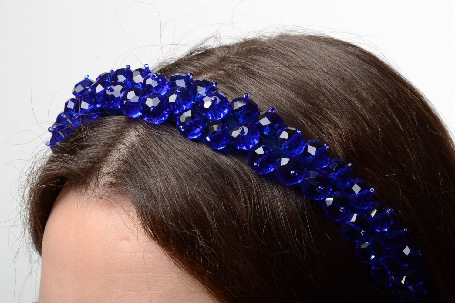 Festive blue handmade velvet headband with faceted beads for dark-haired girls photo 1