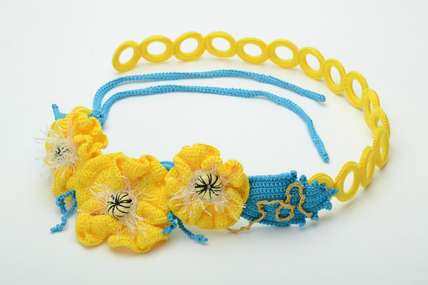 Cinturón tejido de algodón y acrílicos con flores amarillas  foto 3