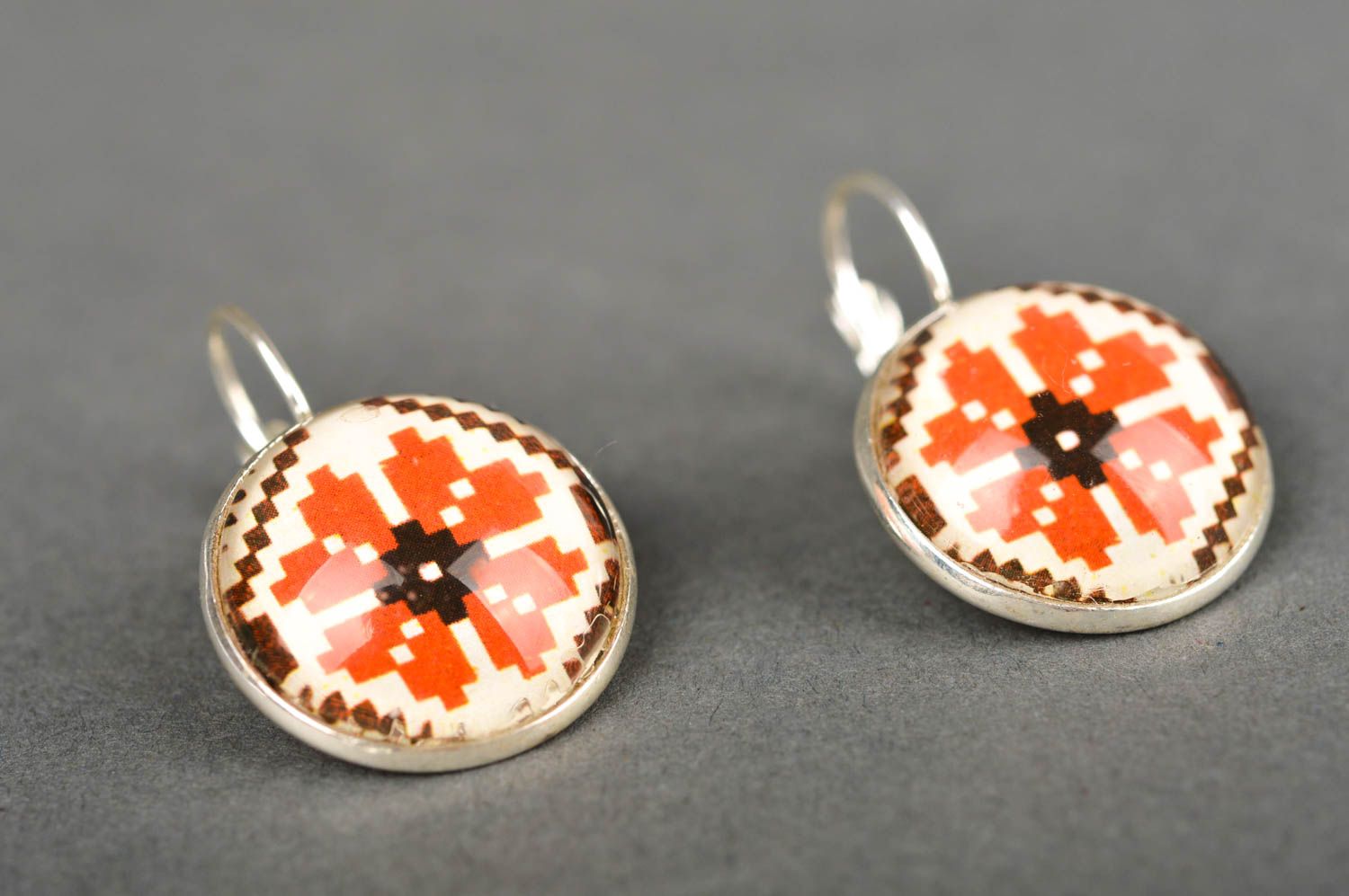 Cabochon earrings handmade stylish earrings with print round-shaped earrings photo 2