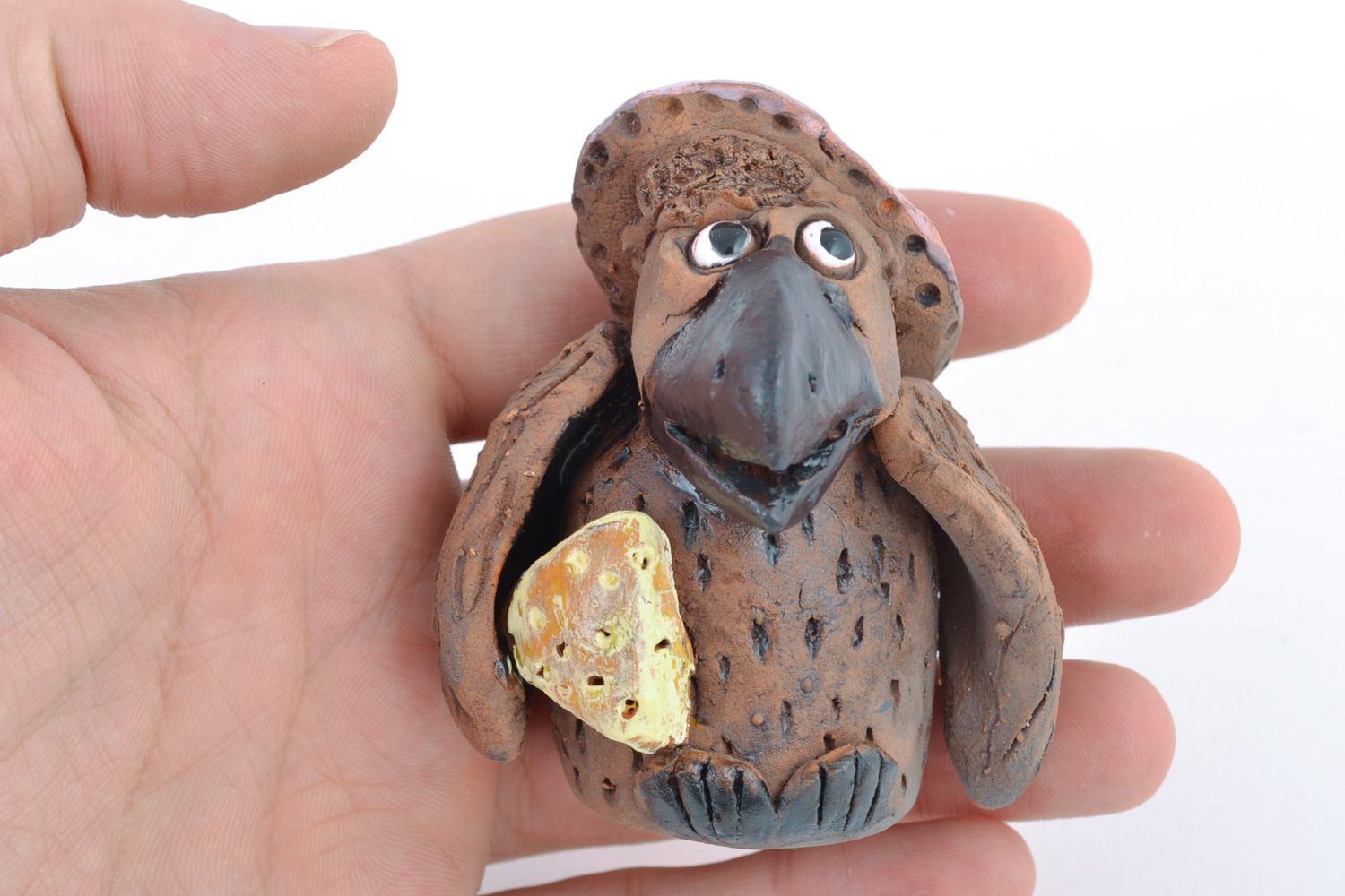 Handmade miniature designer ceramic statuette of crow with cheese for table decor photo 2