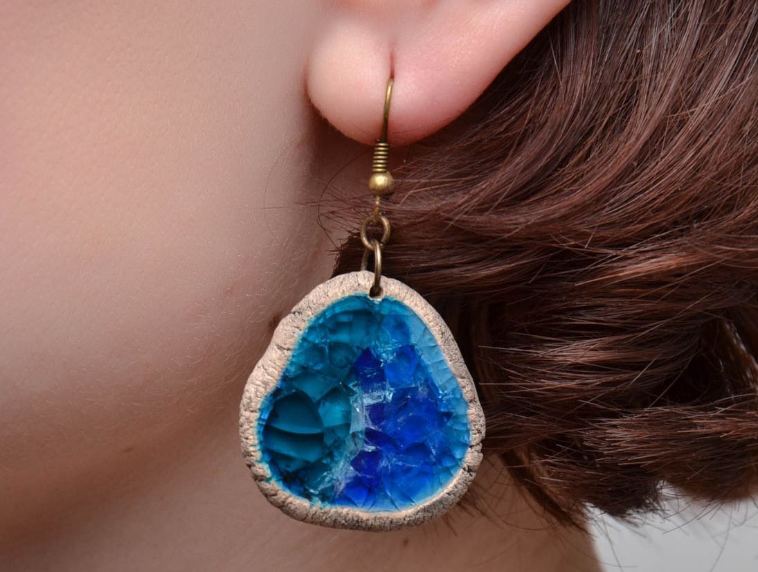 Ceramic earrings with colorful glass Blue photo 5