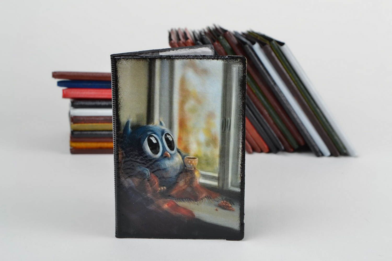 Handmade faux leather passport cover with decoupage funny owl on windowsill photo 1