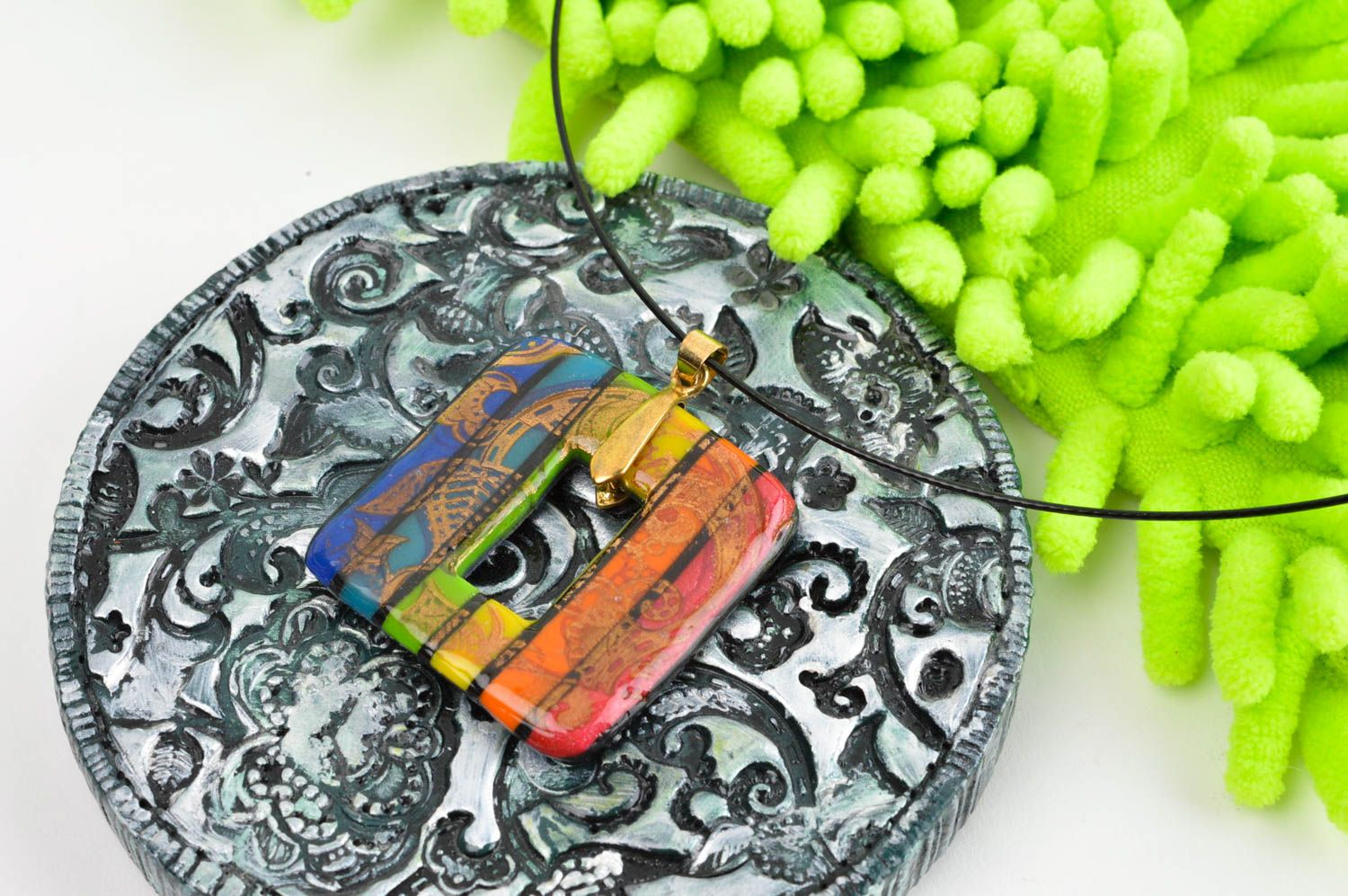 Handmade pendant made of polymer clay stylish accessory fashion jewelry photo 2