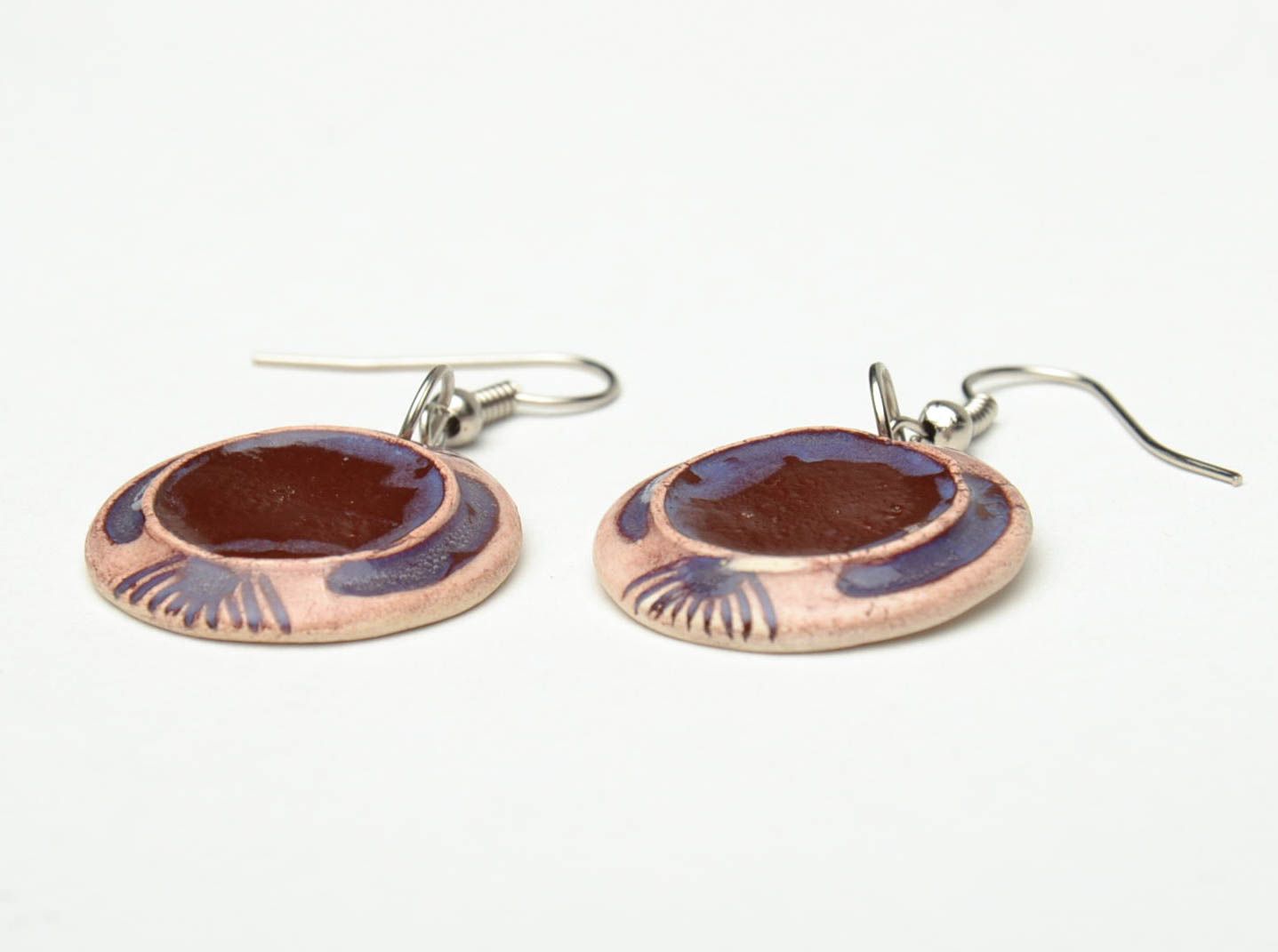 Round clay earrings painted with color enamels photo 3