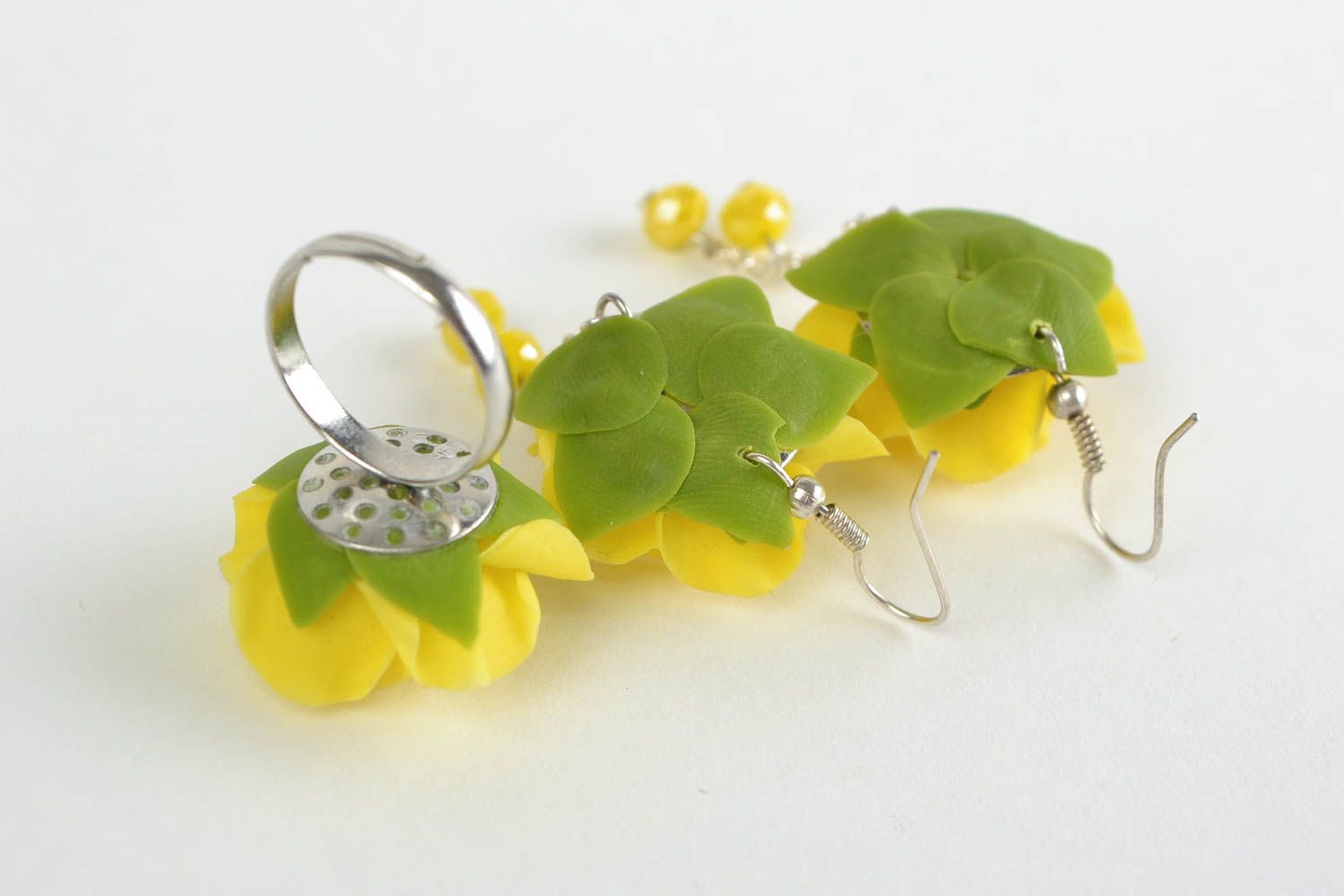 Set of handmade jewelry molded of cold porcelain earrings and ring Yellow Roses photo 5