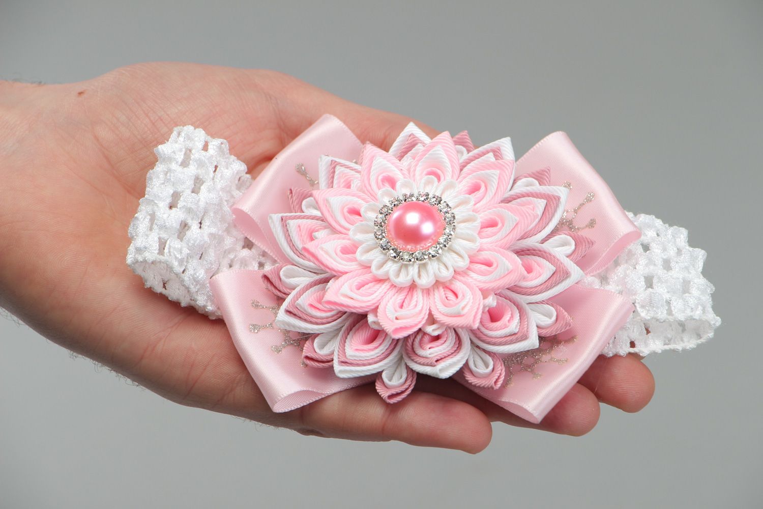 Tender handmade headband with pink flower created of satin ribbons for babies photo 4