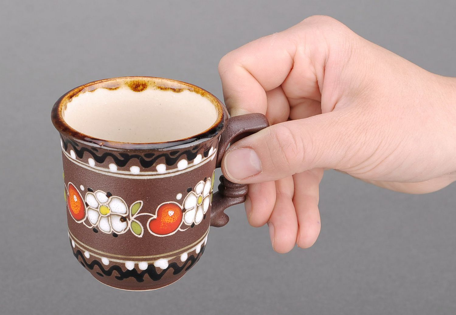 Clay lead-free glazed hand-painted teacup in brown, white, and red color with handle photo 3