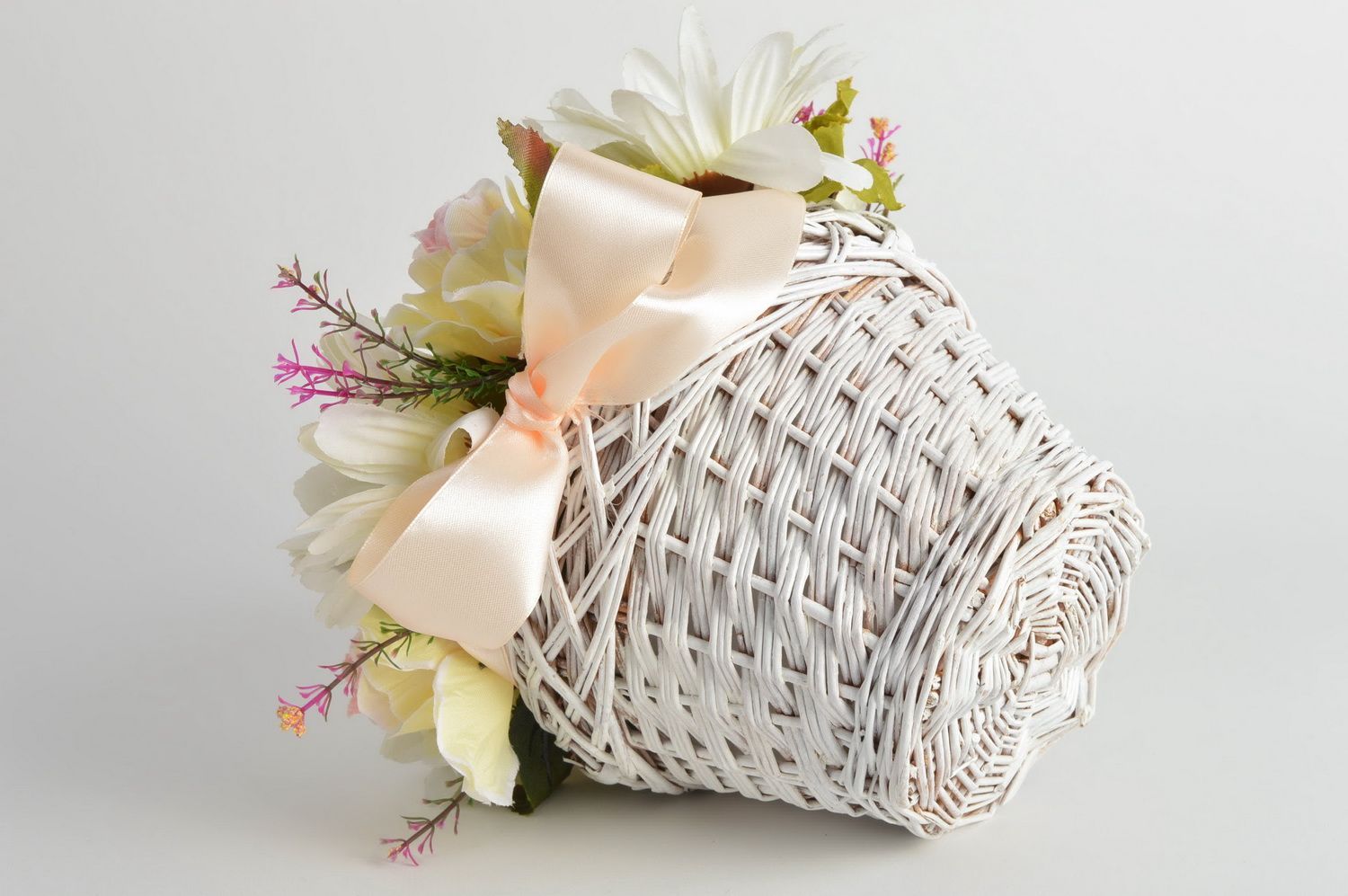 Stylish small handmade white wicker basket with fabric flowers  photo 5
