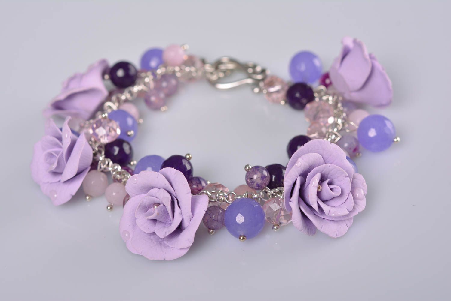 Handmade gentle lilac polymer clay flower bracelet with beads for women photo 1
