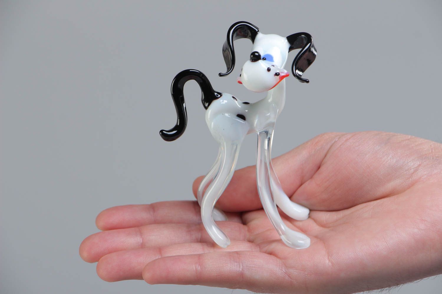 Figura de cristal de técnica lampwork artesanal perro blanco con manchas negras foto 5
